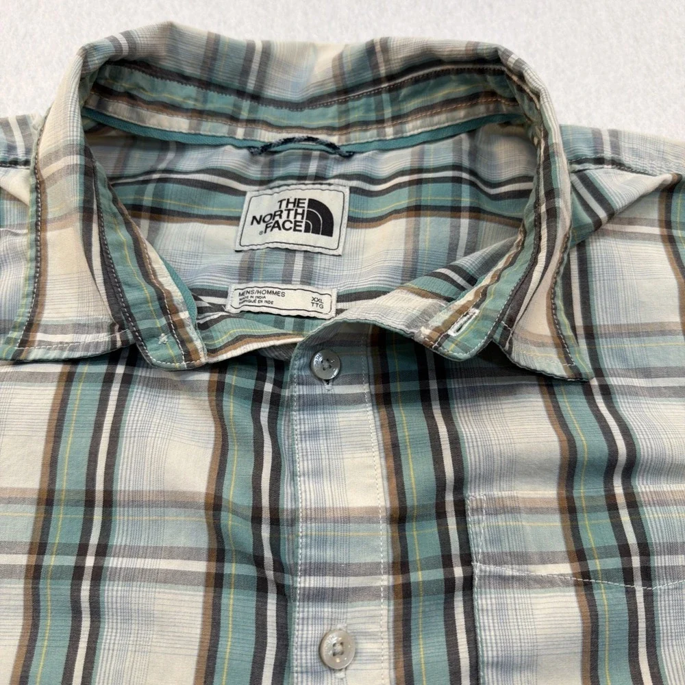 The North Face Shirt Mens 2XL Outdoor Hiking Button Up Green Plaid‎ Short Sleeve